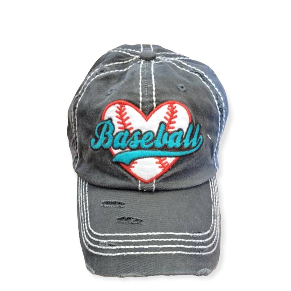 Dark Grey Distressed Vintage Baseball Heart Cap